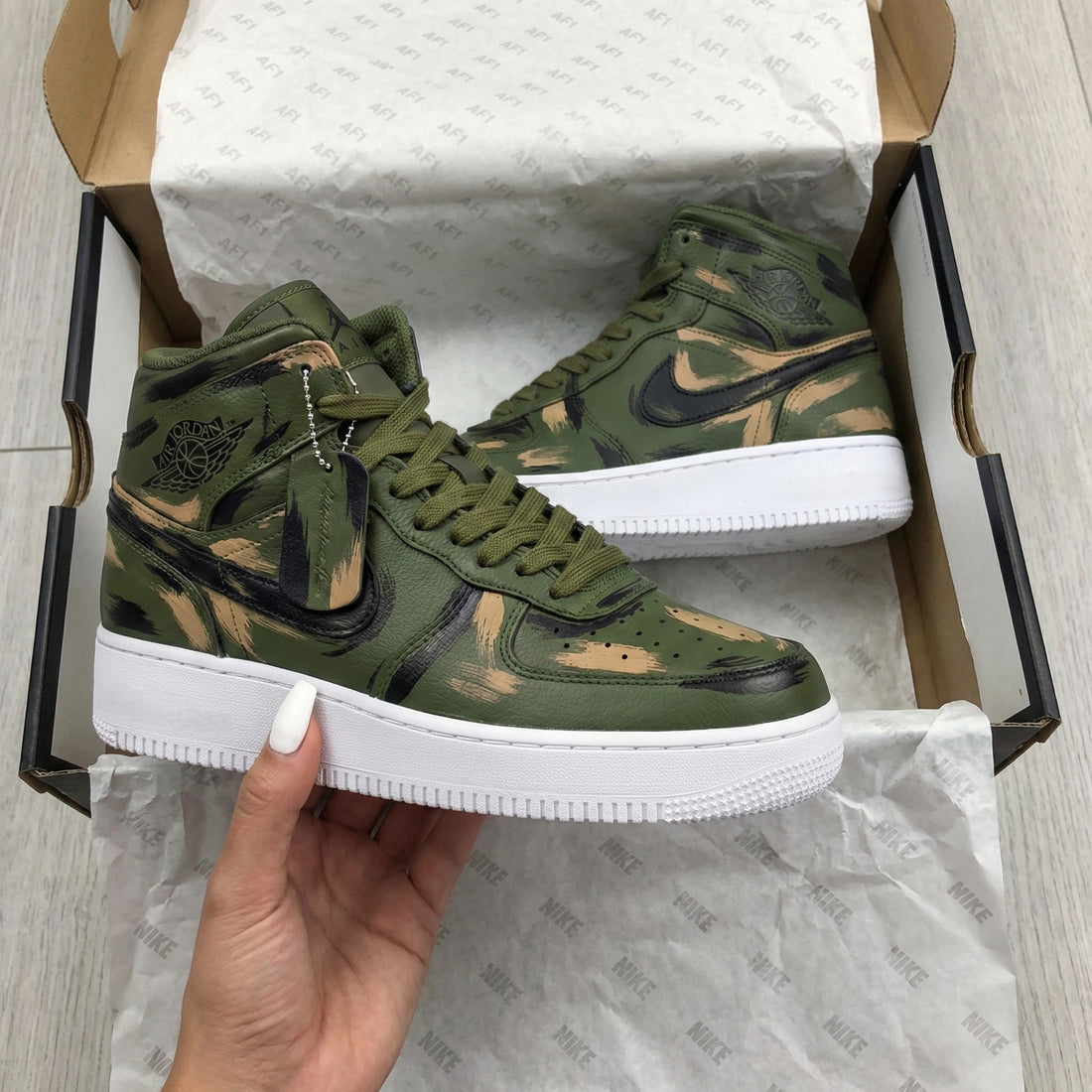 Custom AJ 1s Shoes Camouflage Green Tan