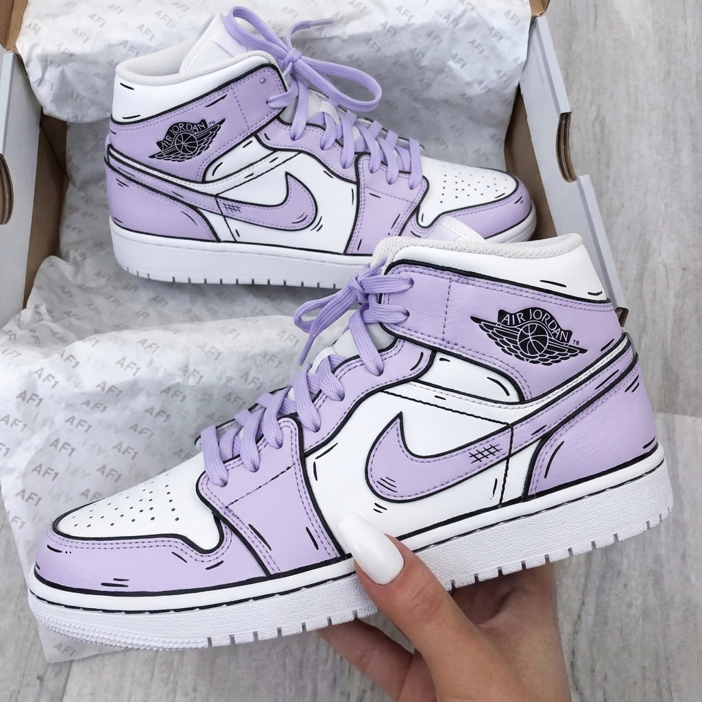 Custom AJ 1s Shoes Cartoon Line Art White Lavender