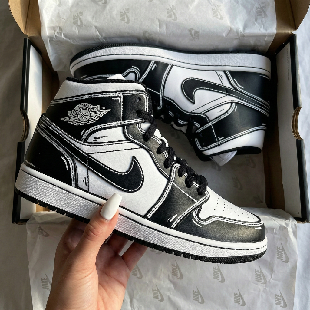 Custom AJ 1s Shoes Cartoon Line Pattern Black White