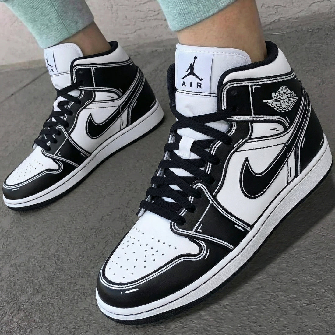 Custom AJ 1s Shoes Cartoon Line Pattern Black White
