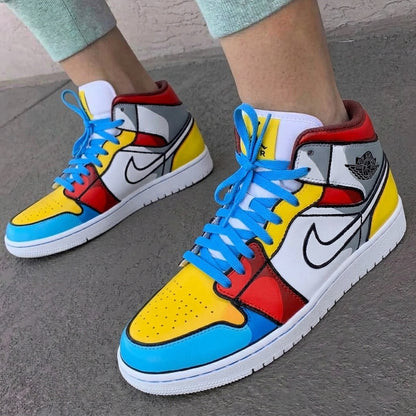 Custom AJ 1s Shoes Cartoon Lines Red Yellow Blue Gray