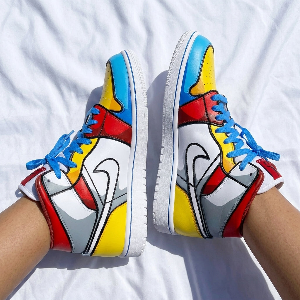 Custom AJ 1s Shoes Cartoon Lines Red Yellow Blue Gray