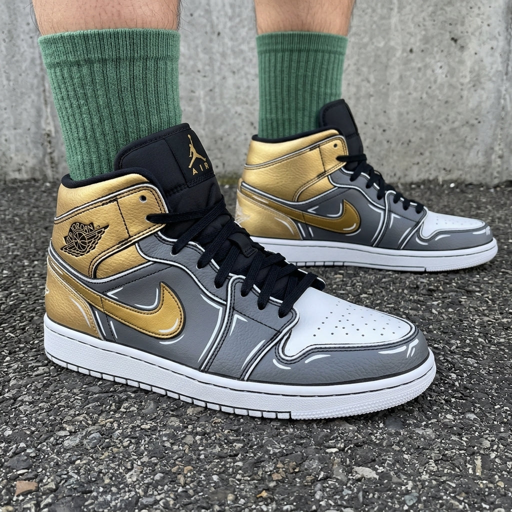 Custom AJ 1s Shoes Cartoon Outline Gold Gray
