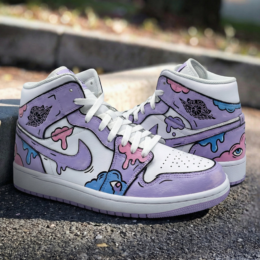 Custom AJ 1s Shoes Cartoon Pattern Baby Pink Blue and White