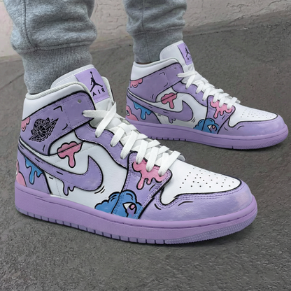Custom AJ 1s Shoes Cartoon Pattern Baby Pink Blue and White