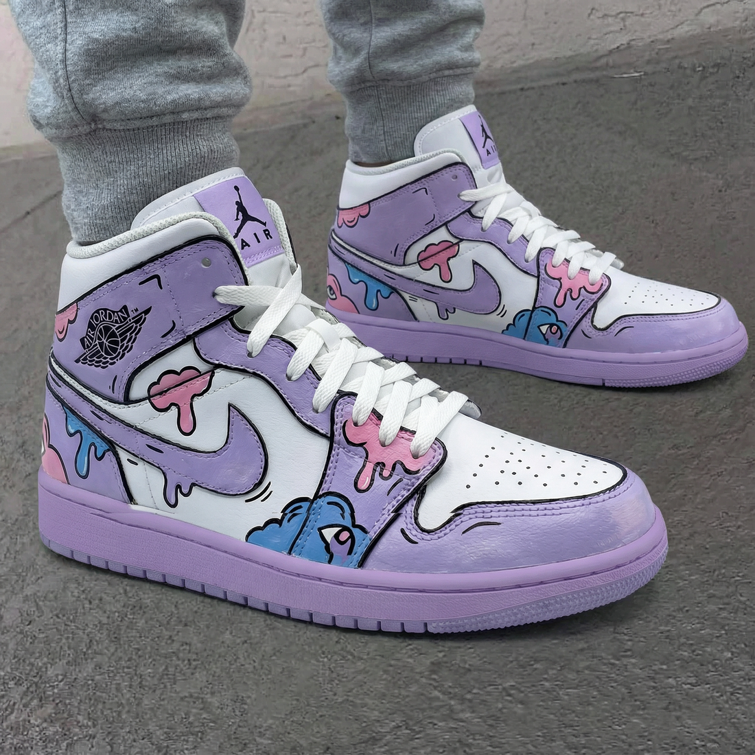 Custom AJ 1s Shoes Cartoon Pattern Baby Pink Blue and White