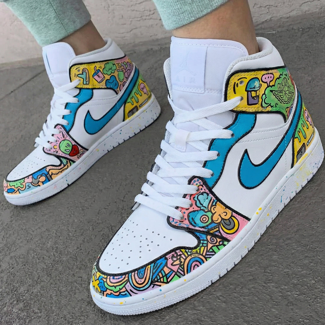 Custom AJ 1s Shoes Cartoon Pattern Blue Pink