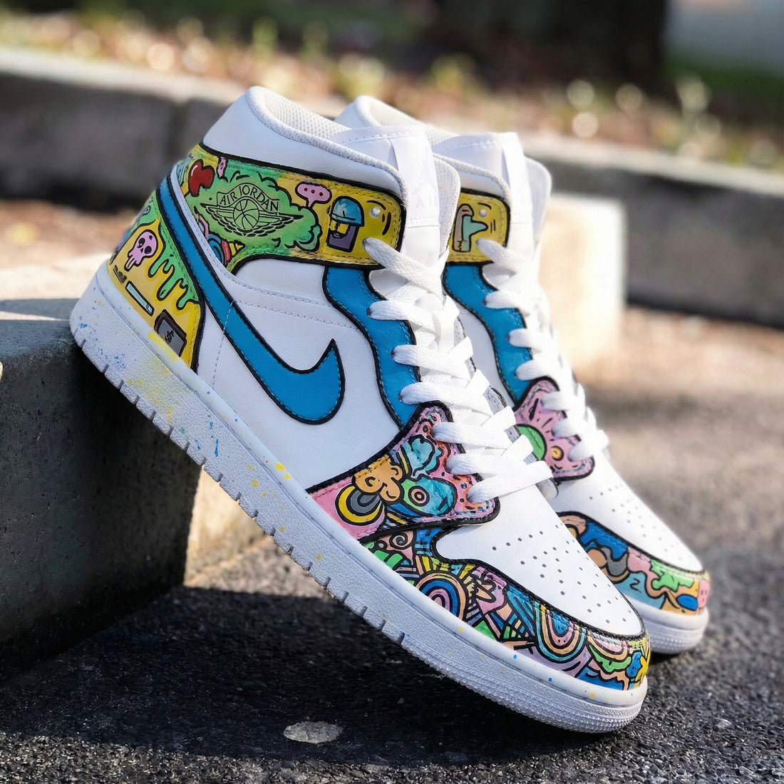 Custom AJ 1s Shoes Cartoon Pattern Blue Pink