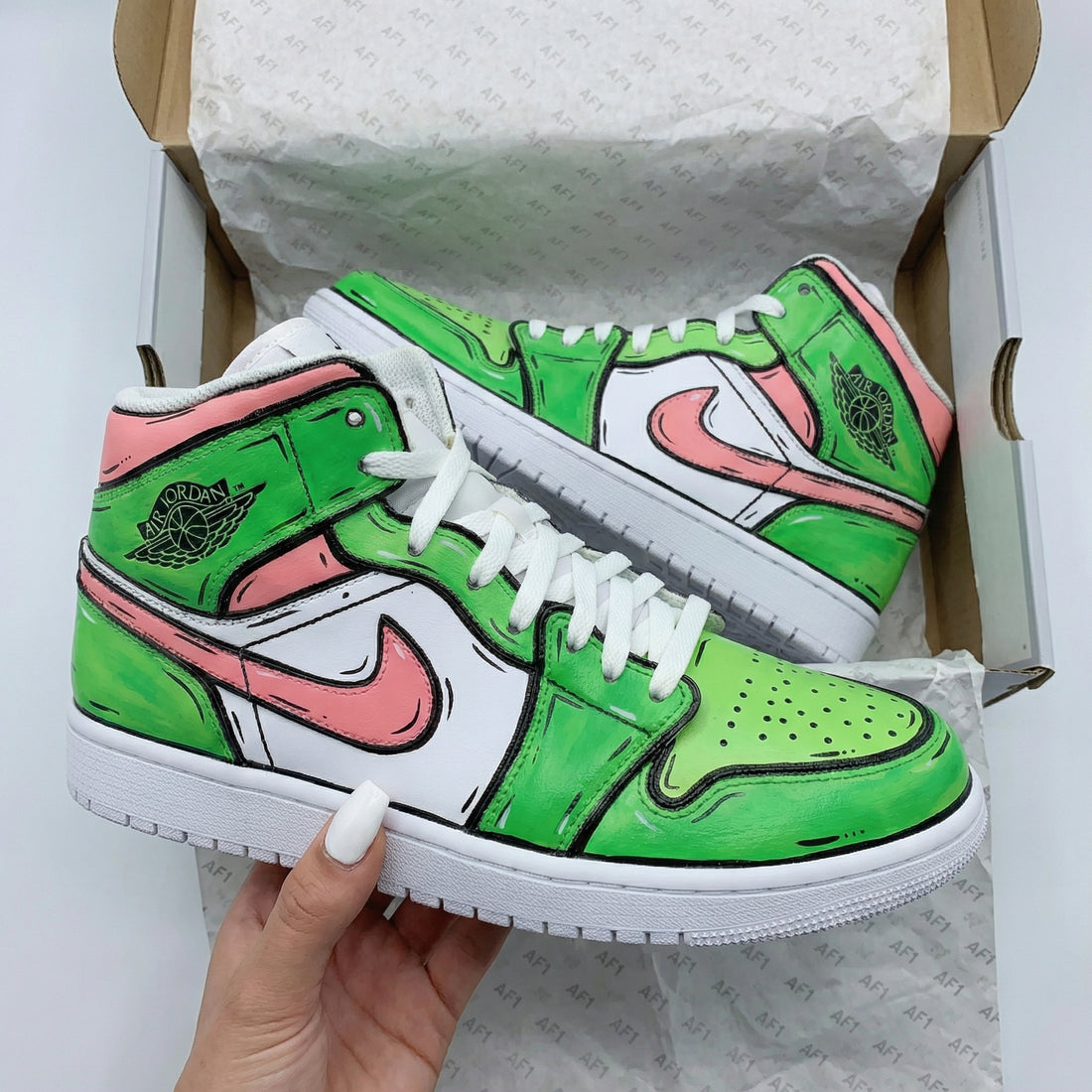 Custom AJ 1s Shoes Cartoon Pattern Green Baby Pink