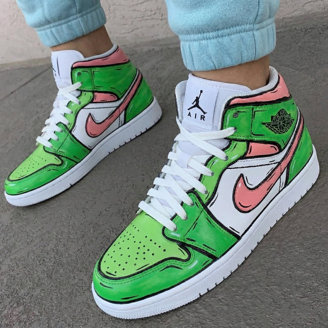 Custom AJ 1s Shoes Cartoon Pattern Green Baby Pink