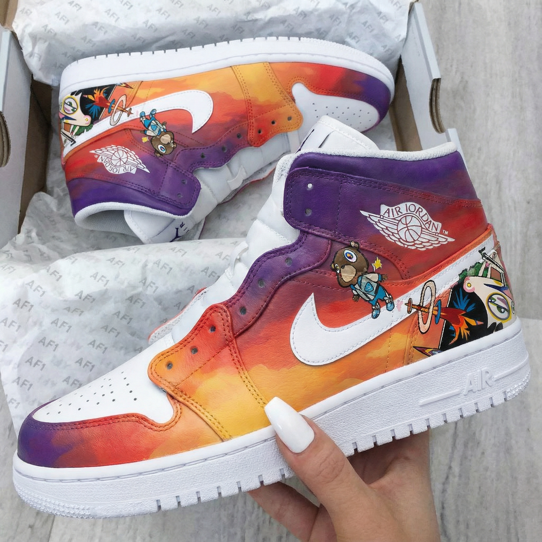 Custom AJ 1s Shoes Cartoon Pattern Orange Purple and White
