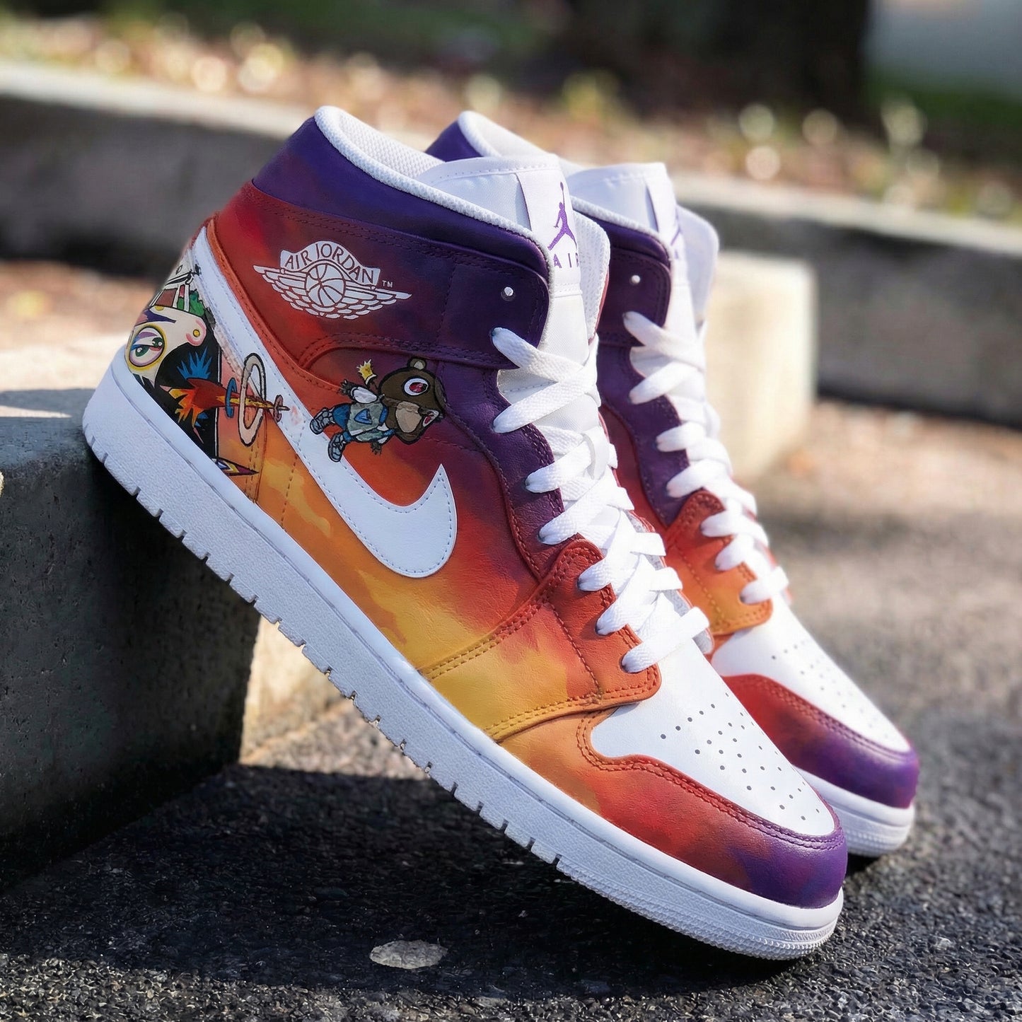 Custom AJ 1s Shoes Cartoon Pattern Orange Purple and White