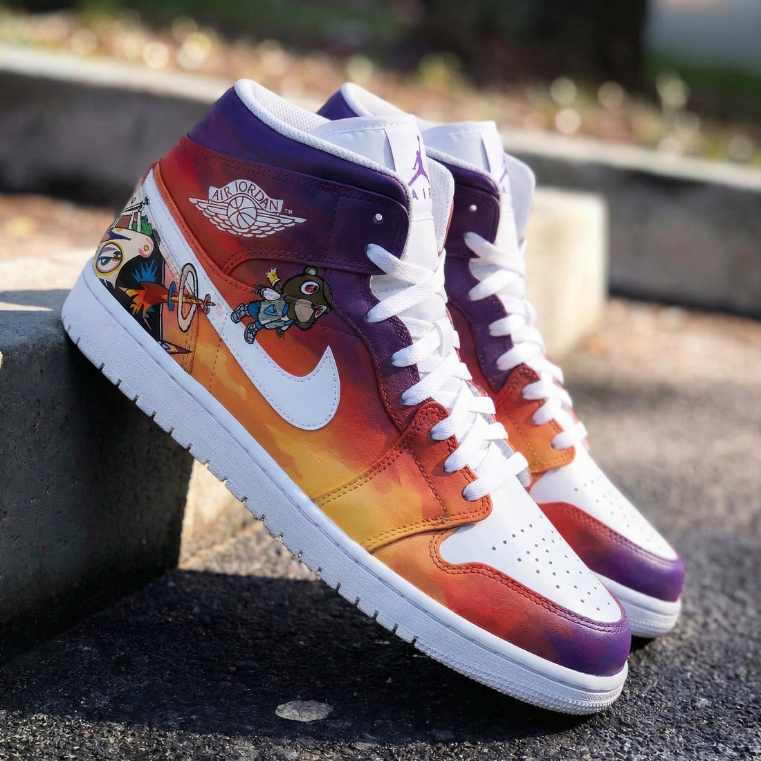 Custom AJ 1s Shoes Cartoon Pattern Orange Purple and White