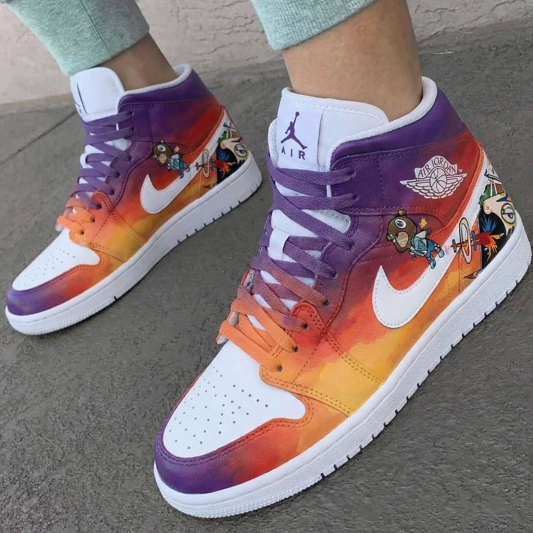 Custom AJ 1s Shoes Cartoon Pattern Orange Purple and White