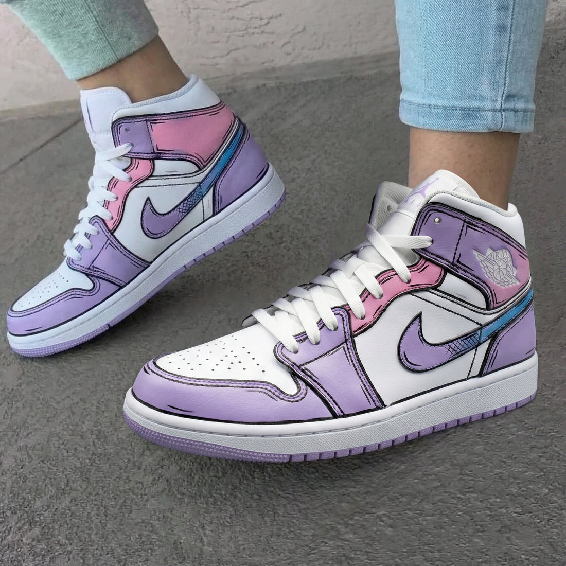 Custom AJ 1s Shoes Cartoon Style Baby Pink and Lilac