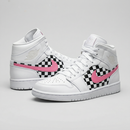 Custom AJ 1s Shoes Checkered Pattern Baby Pink Swoosh Black