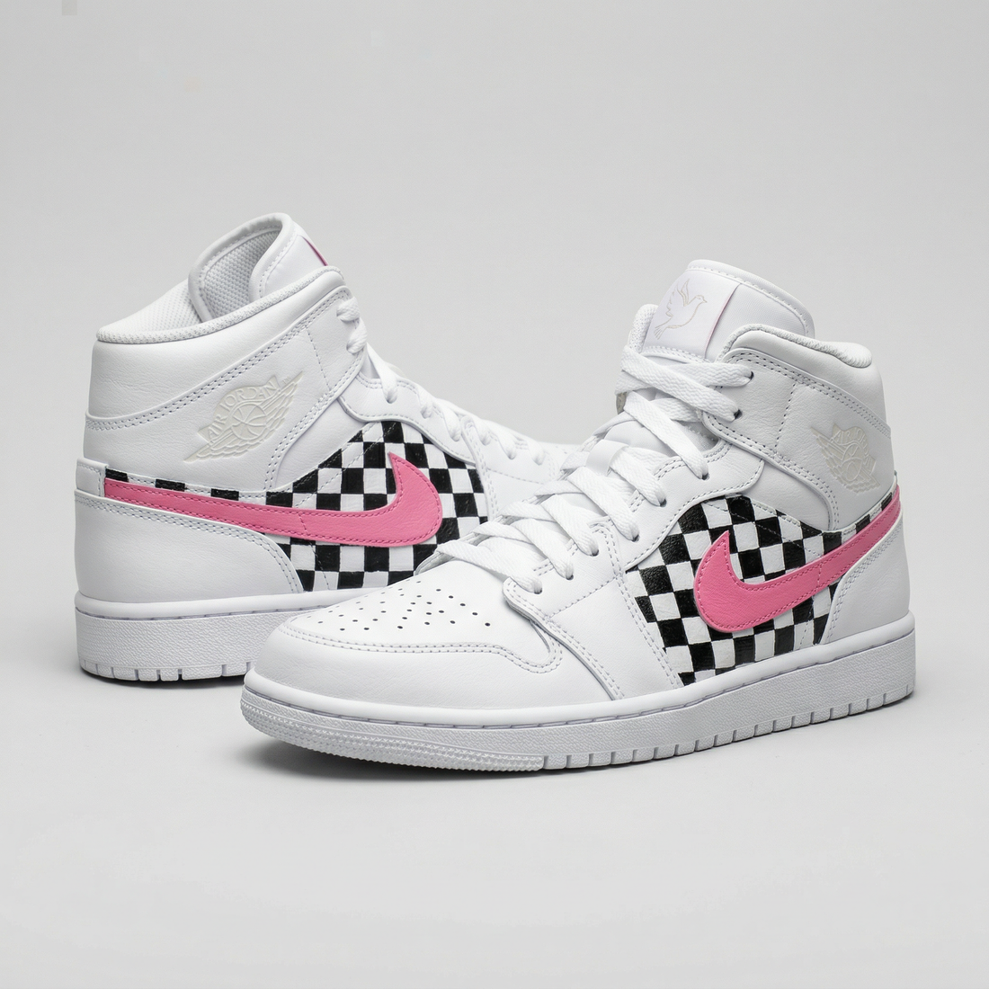 Custom AJ 1s Shoes Checkered Pattern Baby Pink Swoosh Black
