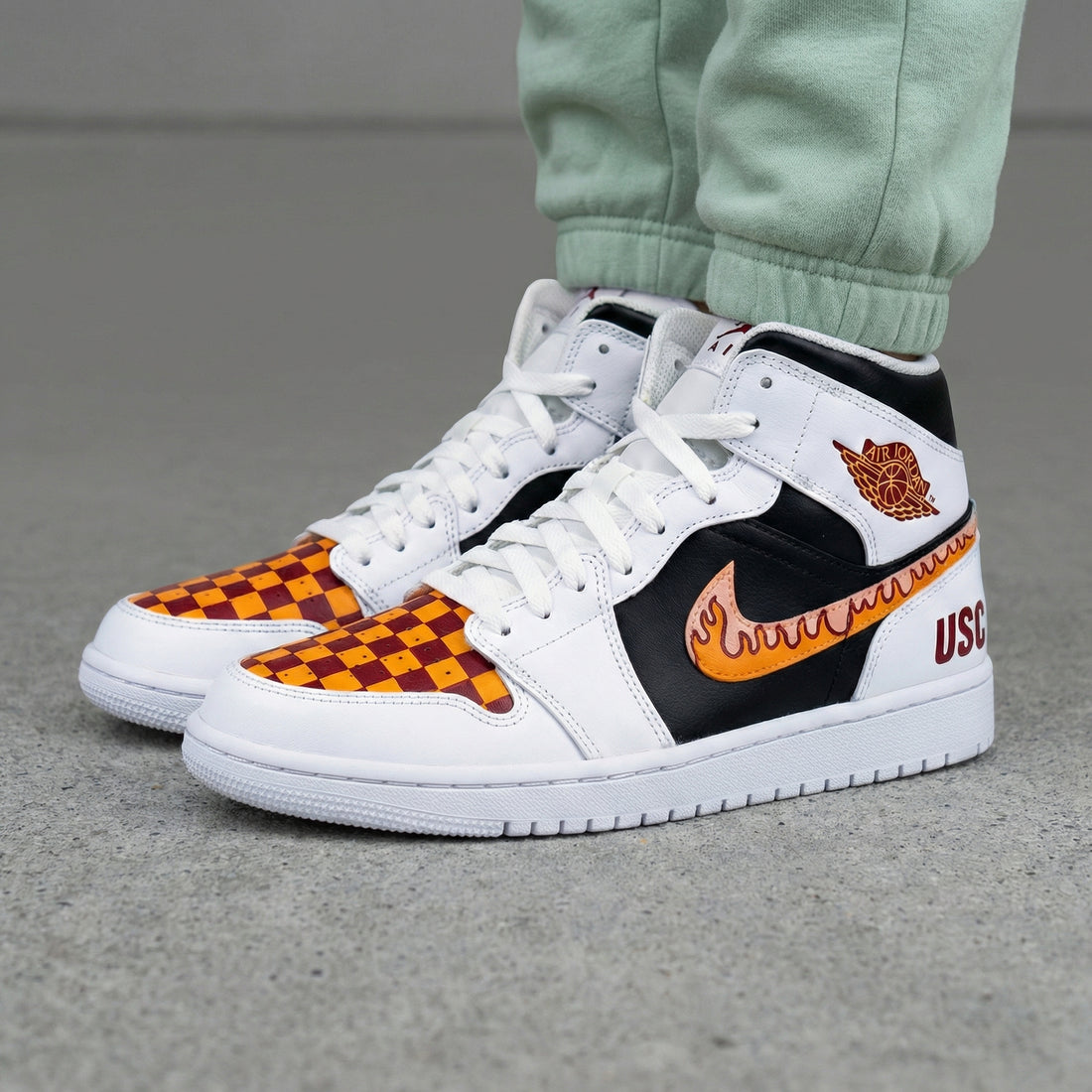Custom AJ 1s Shoes Checkered Pattern Orange Maroon Black Fire