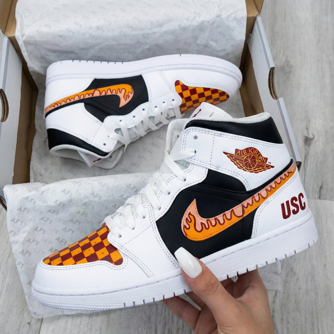 Custom AJ 1s Shoes Checkered Pattern Orange Maroon Black Fire