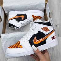 Custom AJ 1s Shoes Checkered Pattern Orange Maroon Black Fire
