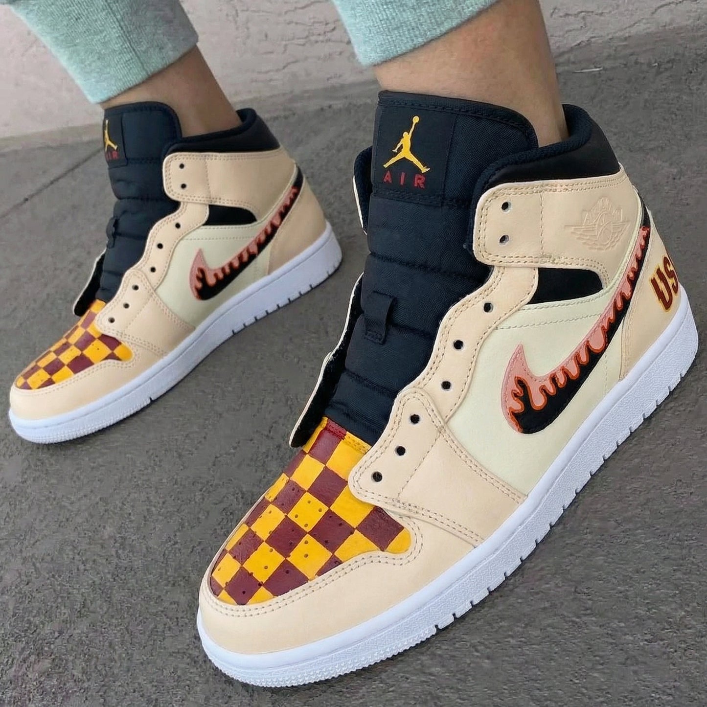 Custom AJ 1s Shoes Checkered Pattern Yellow Maroon Black