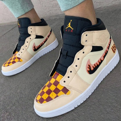 Custom AJ 1s Shoes Checkered Pattern Yellow Maroon Black