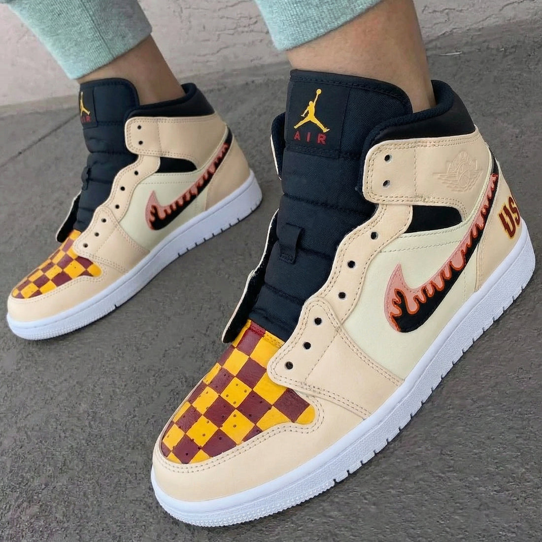 Custom AJ 1s Shoes Checkered Pattern Yellow Maroon Black