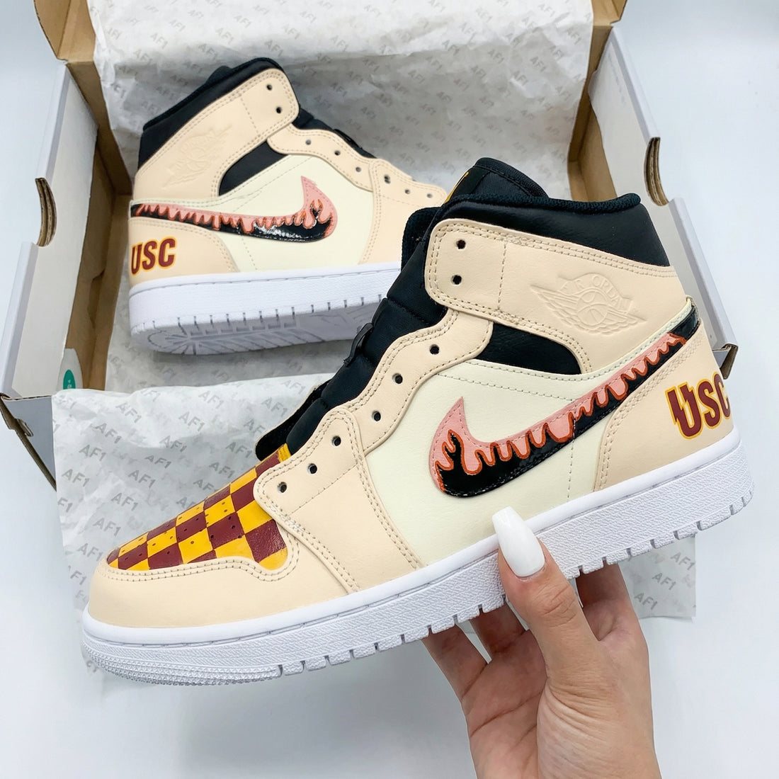 Custom AJ 1s Shoes Checkered Pattern Yellow Maroon Black