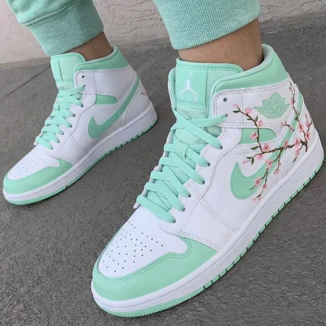 Custom AJ 1s Shoes Cherry Blossom Mint Green