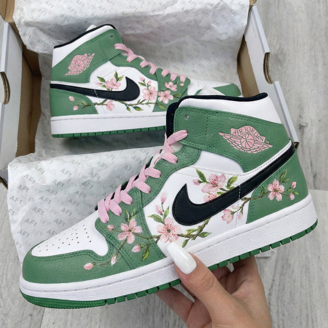 Custom AJ 1s Shoes Cherry Blossom Pattern Green Baby Pink