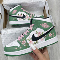 Custom AJ 1s Shoes Cherry Blossom Pattern Green Baby Pink