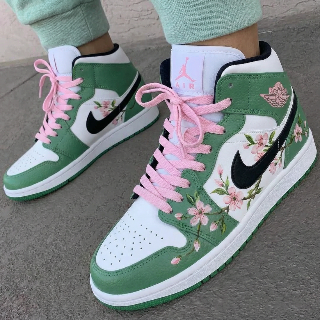 Custom AJ 1s Shoes Cherry Blossom Pattern Green Baby Pink