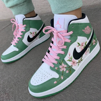 Custom AJ 1s Shoes Cherry Blossom Pattern Green Baby Pink