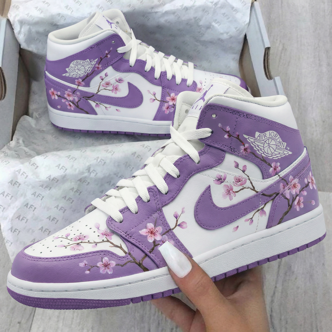 Custom AJ 1s Shoes Cherry Blossom Pattern Purple Pink