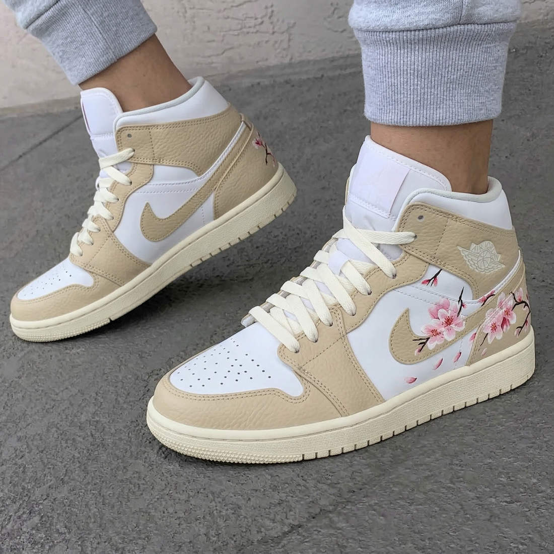 Custom AJ 1s Shoes Cherry Blossoms Beige Baby Pink