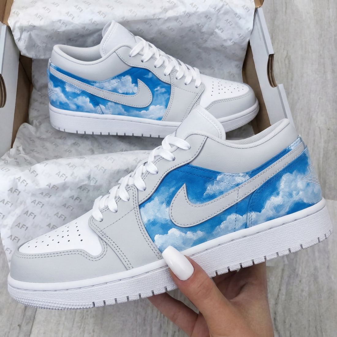 Custom AJ 1s Shoes Cloud Pattern Light Gray Baby Blue
