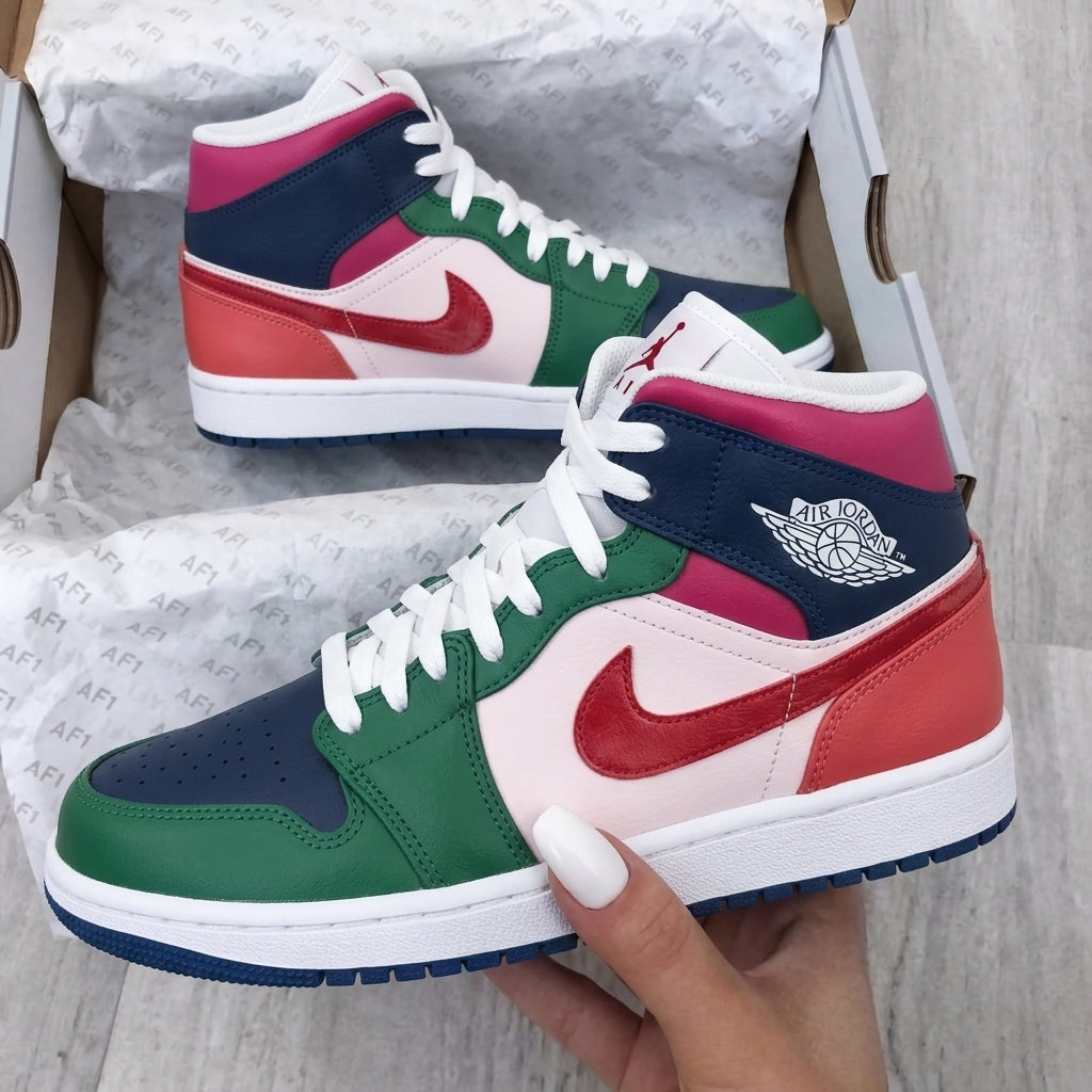 Custom AJ 1s Shoes Color Block Baby Pink Green Navy