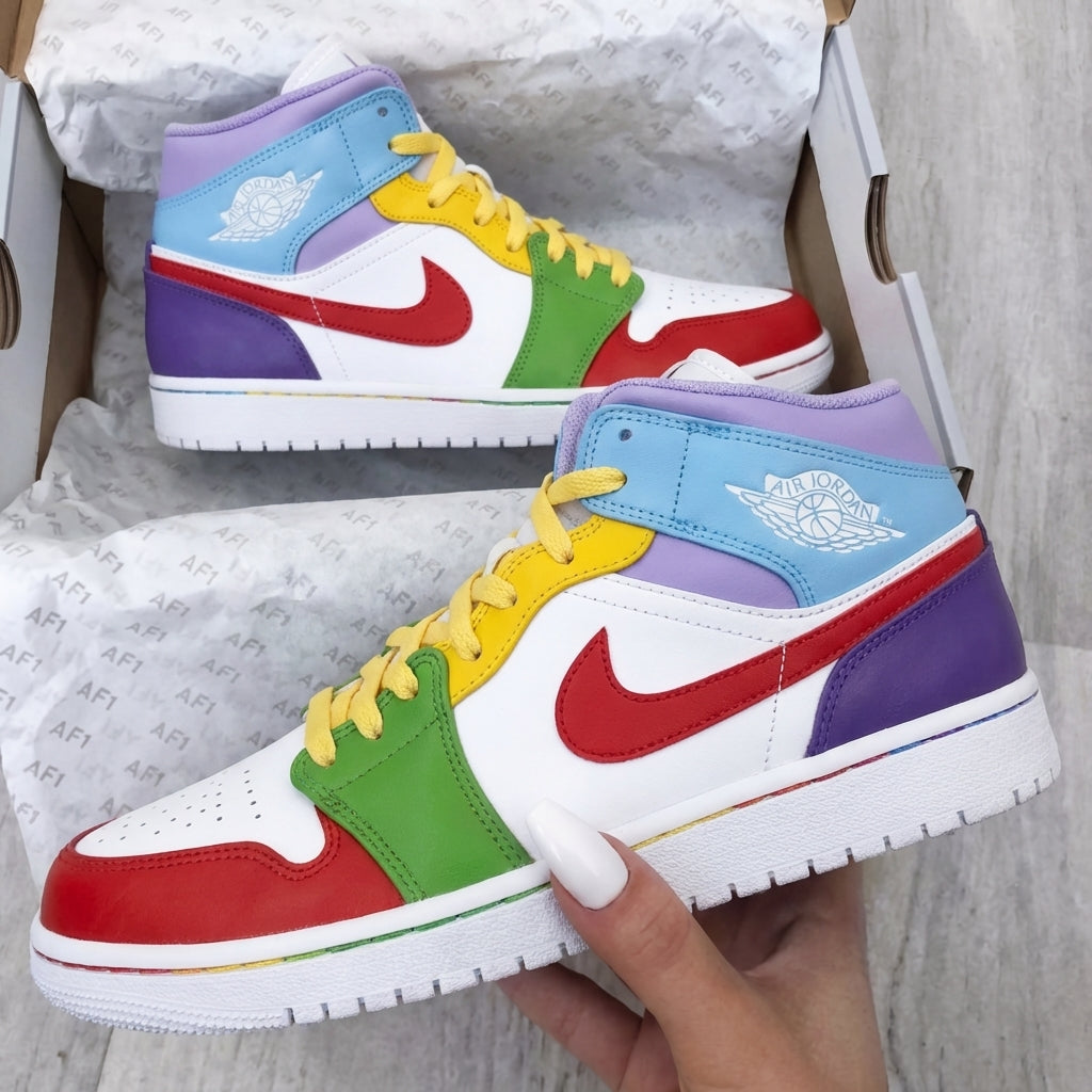 Custom AJ 1s Shoes Color Blocked Red Green Yellow Purple Baby Blue