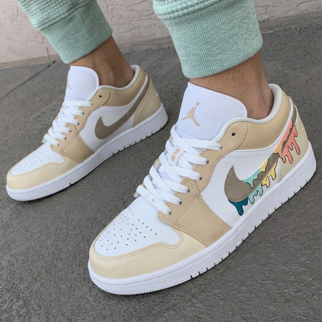 Custom AJ 1s Shoes Colorful Drip Beige