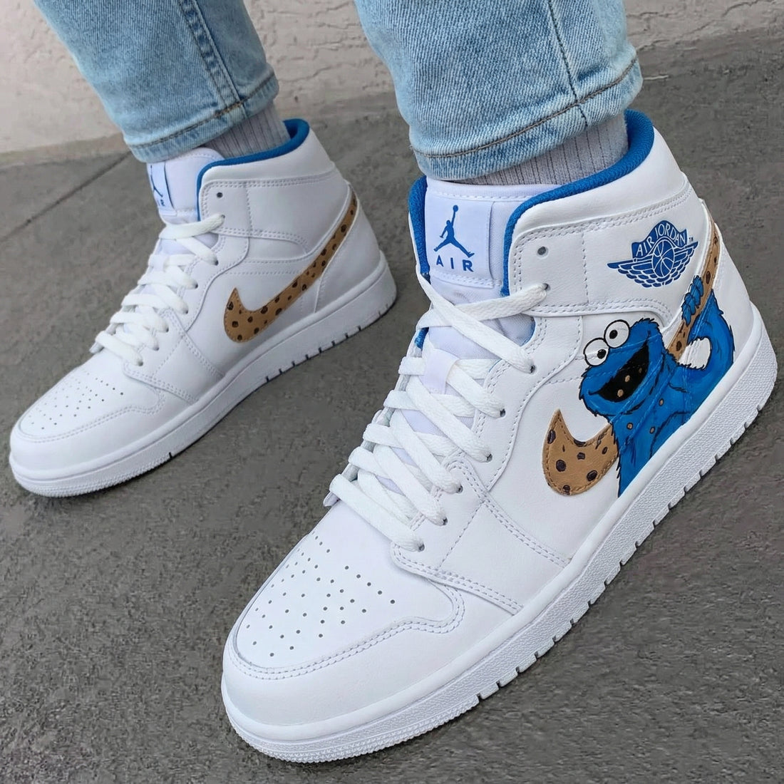 Custom AJ 1s Shoes Cookie Monster Cookie Swoosh Blue Brown