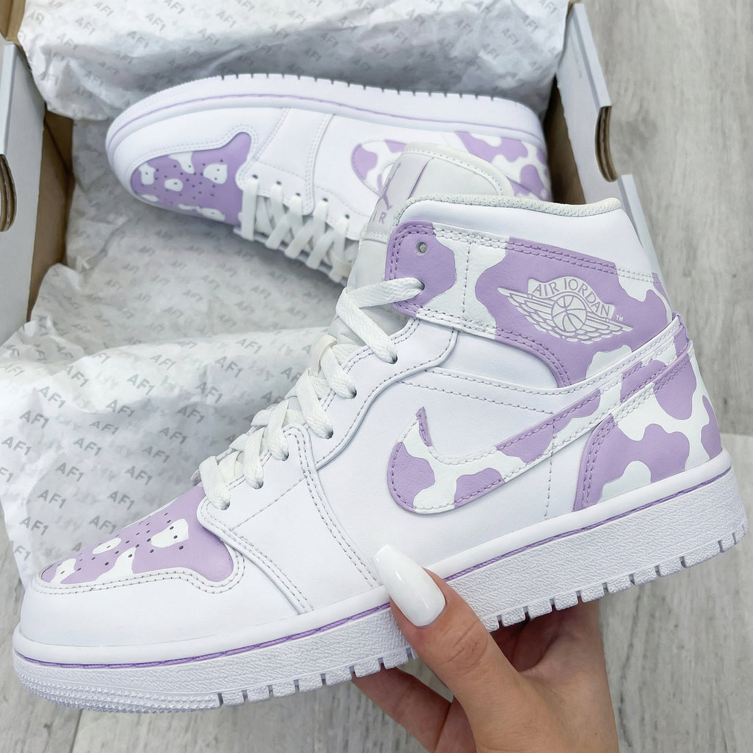 Custom AJ 1s Shoes Cow Print White Light Purple
