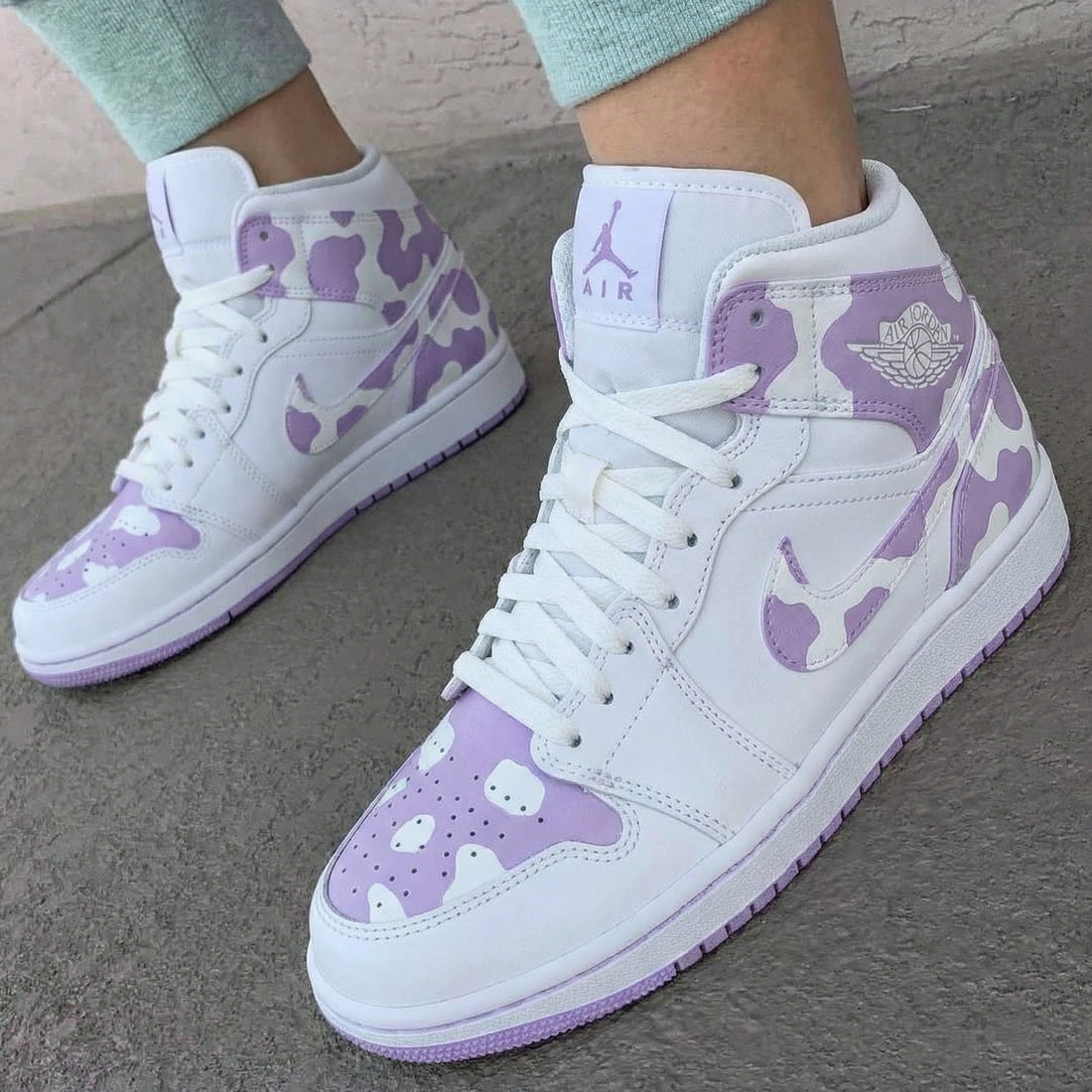 Custom AJ 1s Shoes Cow Print White Light Purple