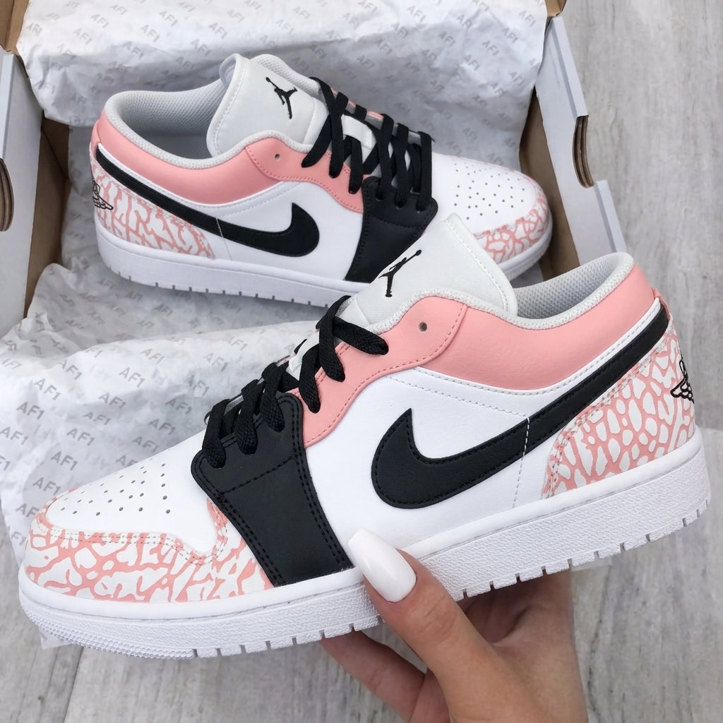 Custom AJ 1s Shoes Cracked Print Baby Pink Black