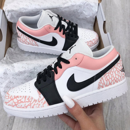 Custom AJ 1s Shoes Cracked Print Baby Pink Black