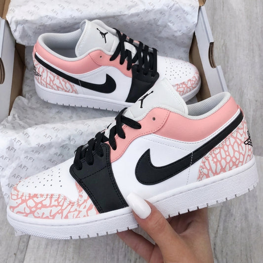 Custom AJ 1s Shoes Cracked Print Baby Pink Black
