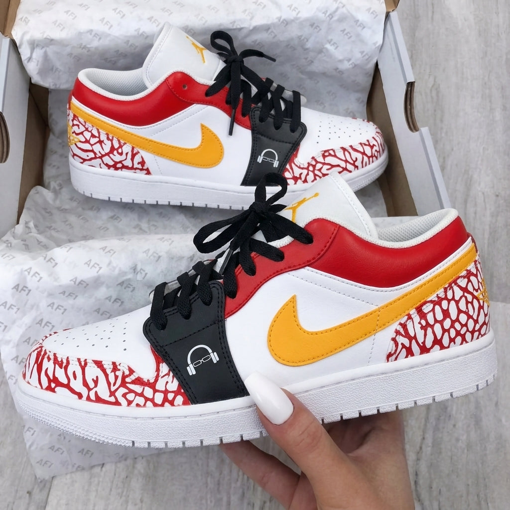 Custom AJ 1s Shoes Cracked Print Red Yellow