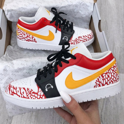 Custom AJ 1s Shoes Cracked Print Red Yellow