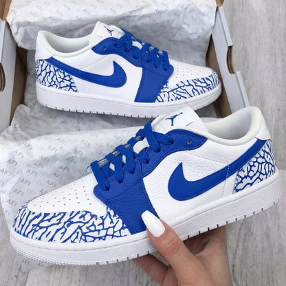 Custom AJ 1s Shoes Cracked Print White Royal Blue