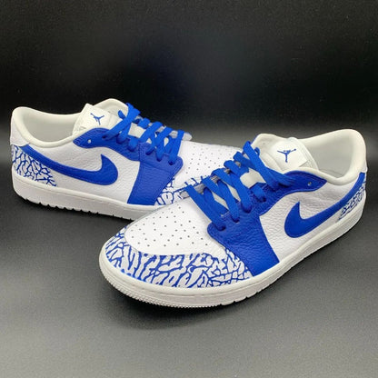 Custom AJ 1s Shoes Crackle Pattern Blue and White