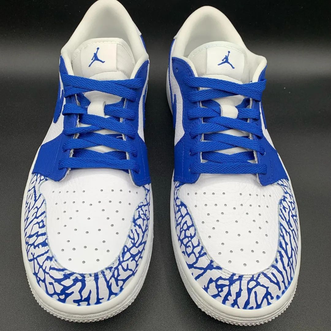 Custom AJ 1s Shoes Crackle Pattern Blue and White